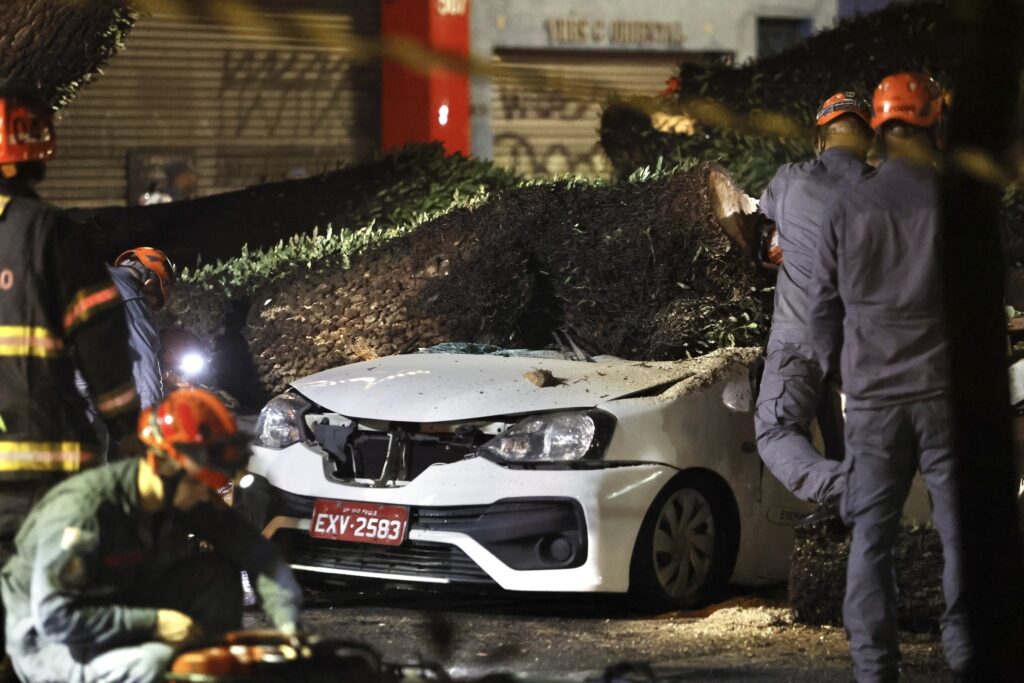 Árvore derrubada esmaga carro branco em via urbana enquanto bombeiros com capacetes laranjas atuam na ocorrência.
