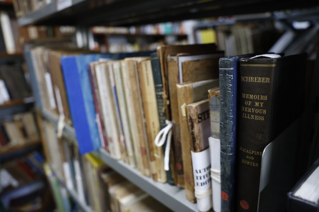 Livros em uma estante, com destaque para o volume "Memoirs of My Nervous Illness".