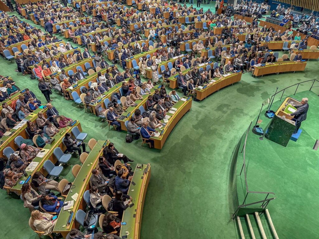 Um homem discursa em um pódio verde em um grande plenário da ONU com centenas de pessoas sentadas em bancadas curvas sobre um carpete verde.
