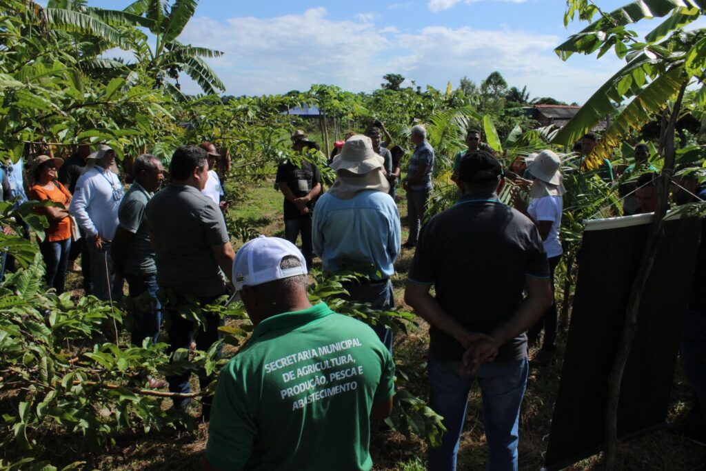 Grupo de pessoas em área rural participa de dia de campo sobre sistemas agroflorestais; homem em primeiro plano veste camiseta da "Secretaria Municipal de Agricultura, Produção, Pesca e Abastecimento".