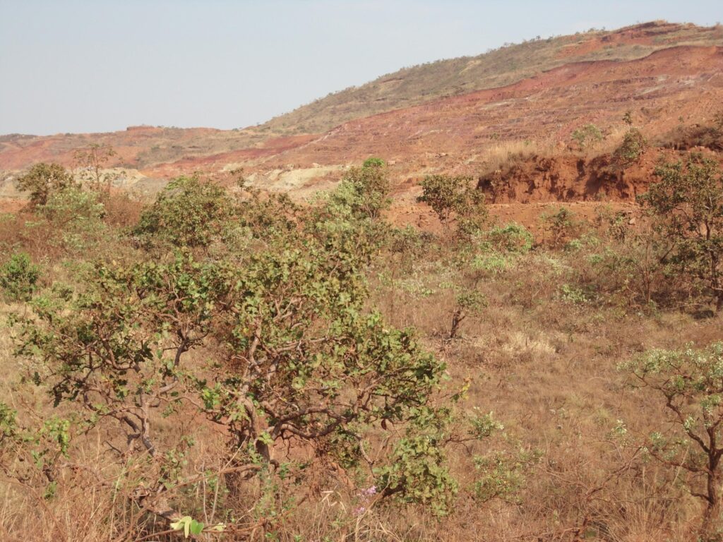 Paisagem com solo avermelhado, vegetação esparsa e encosta de morro com terra exposta em área de mineração.