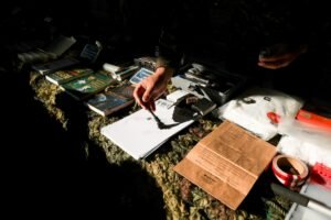 smartsampa: uma mão utiliza um pincel forense para coletar impressões em papel sobre uma mesa com materiais de perícia criminal.
