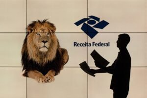 imposto de renda: silhueta de homem com papéis diante do logotipo da Receita Federal e de imagem de leão.