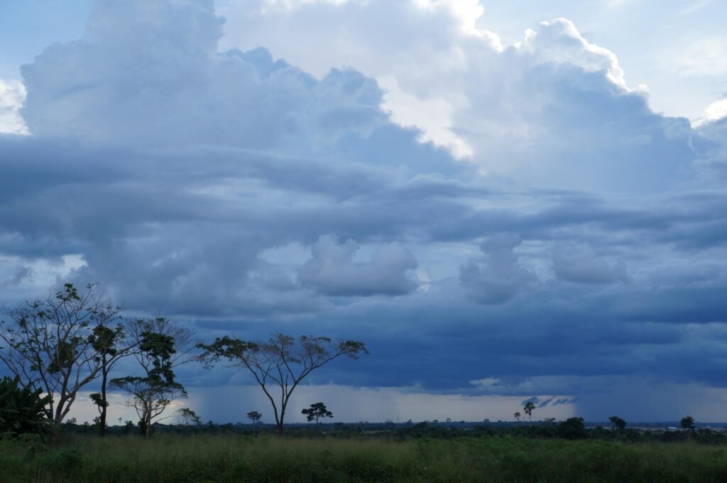 previsão de tempestades: nuvens escuras sobre campo verde com chuva ao fundo.
