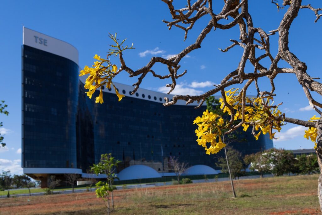 Fachada do prédio do TSE com galhos de ipê-amarelo em primeiro plano sob um céu azul.
