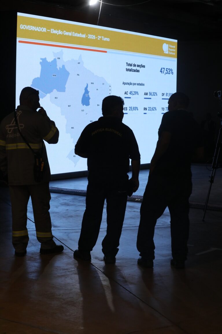 eleicoes 2026: Três pessoas observam telão do TSE com apuração de votos para governador.